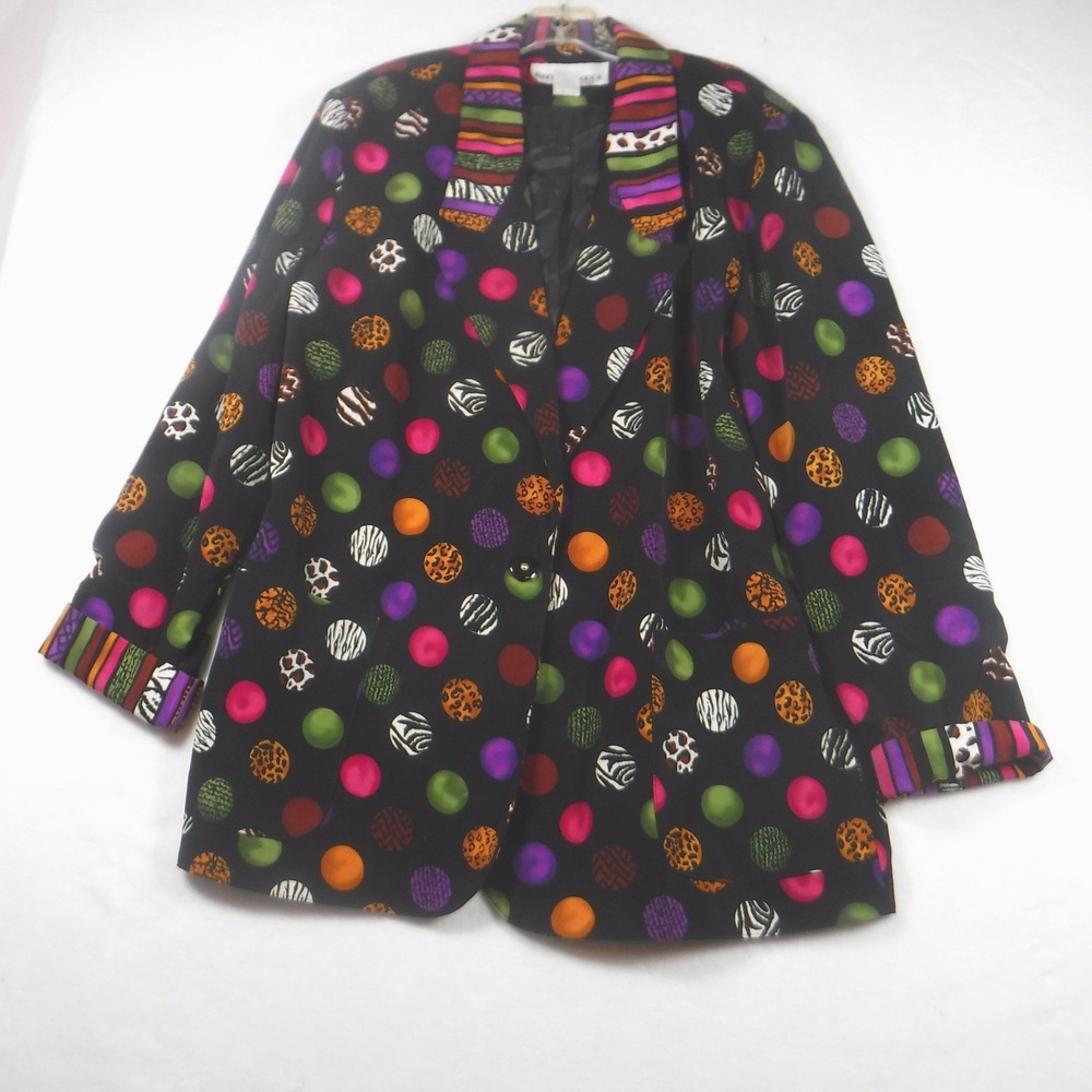Brenda Goode Vintage 80s Mixed Animal Print Polka Dot Blazer Jacket Black XL USA